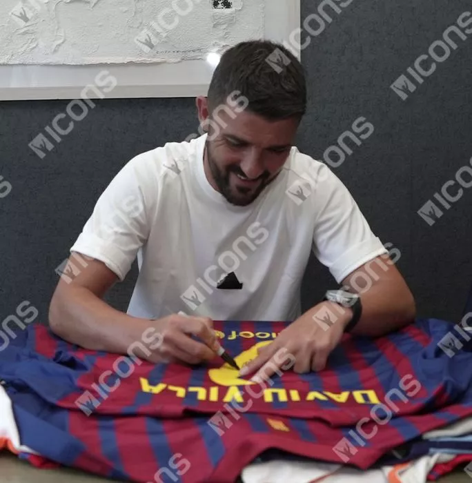 Icons David Villa Official UEFA Champions League Back Signed And Framed FC Barcelona 2011-12 Home Shirt - Long Sleeved