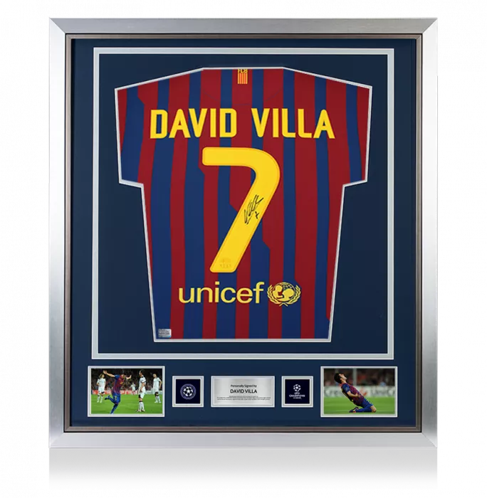 icons David Villa Official UEFA Champions League Back Signed and Framed FC Barcelona 2011-12 Home Shirt - Long Sleeved