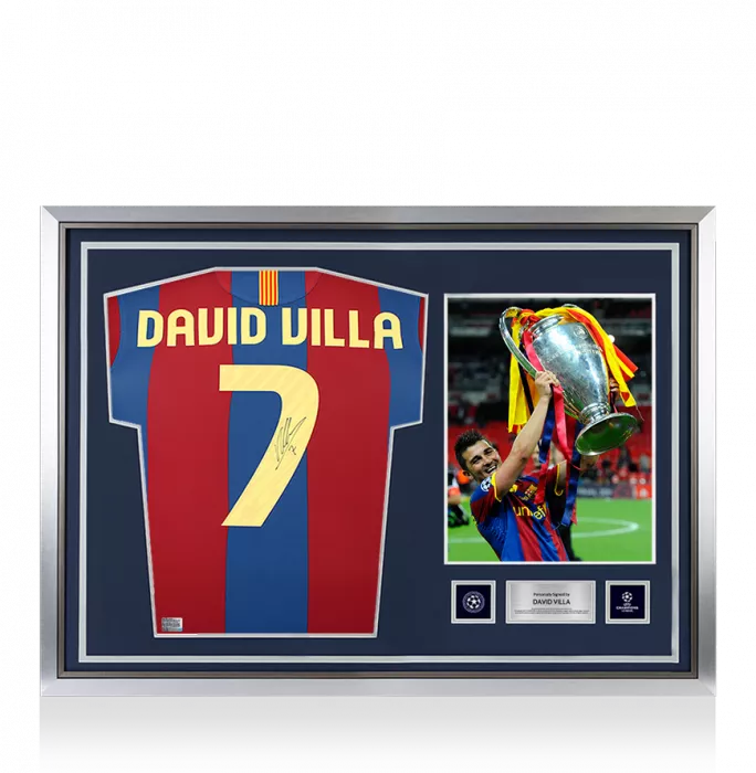 icons David Villa Official UEFA Champions League Back Signed and Hero Framed FC Barcelona 2010-11 Home Shirt with Fan Style Number