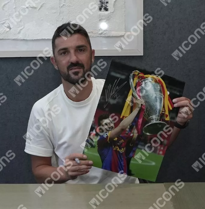 Icons David Villa Signed FC Barcelona Photo In Black Wooden Frame: UEFA Champions League Winner