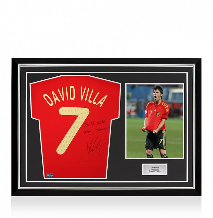 icons David Villa Signed Spain 2009 Home Shirt Inscription - "2008 UEFA EURO Winner" In Hero Frame: Option 1