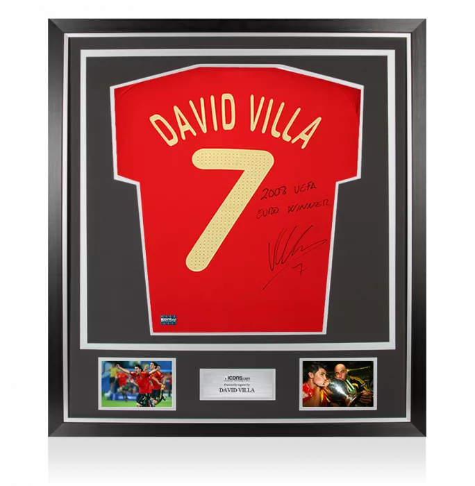 icons David Villa Signed Spain 2009 Home Shirt Inscription - "2008 UEFA EURO Winner" In Classic Frame