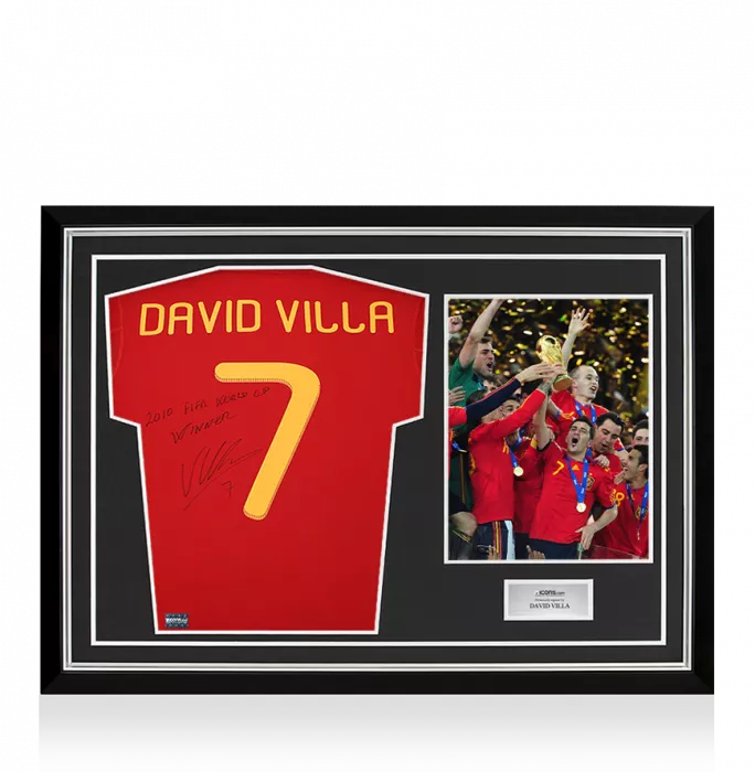 icons David Villa Signed Spain 2010 Home Shirt Inscription - "2010 FIFA World Cup Winner" In Hero Frame: Option 1