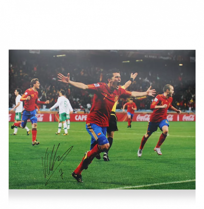 Icons David Villa Signed Spain Photo In Black Wooden Frame: FIFA World Cup Goal