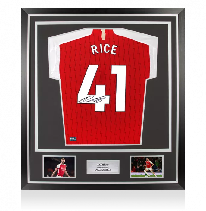 icons Declan Rice Back Signed Arsenal 2023-24 Home Shirt with Fan Style Numbers In Classic Frame