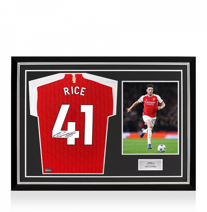 icons Declan Rice Back Signed Arsenal 2023-24 Home Shirt with Fan Style Numbers In Hero Frame: Option 1