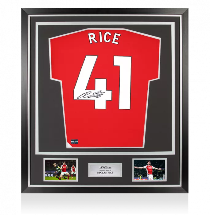 icons Declan Rice Back Signed Arsenal 2024-25 Home Shirt with Fan Style Numbers In Classic Frame