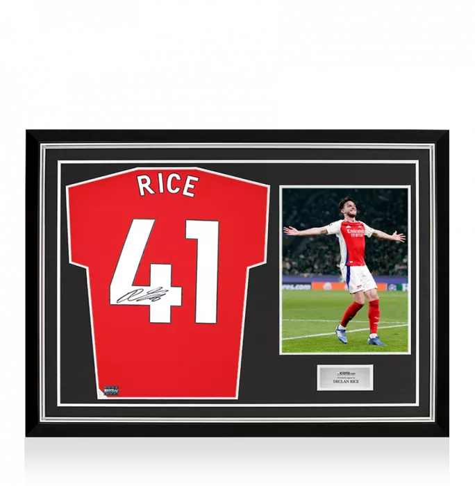 icons Declan Rice Back Signed Arsenal 2024-25 Home Shirt with Fan Style Numbers In Hero Frame: Option 1