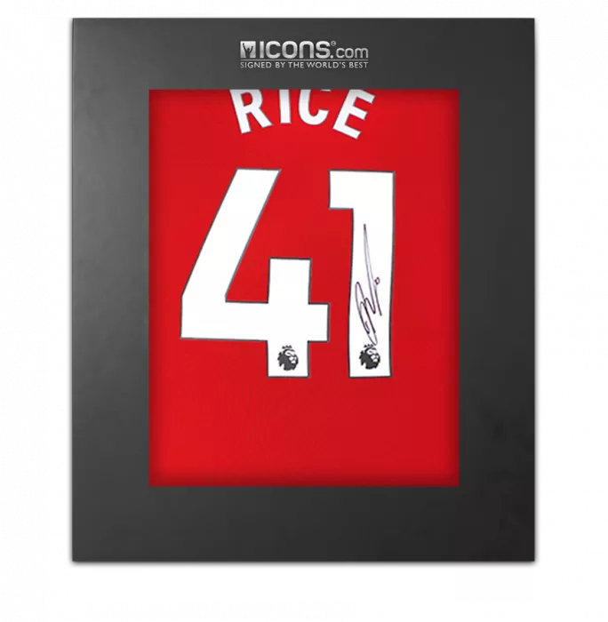 icons Declan Rice Back Signed Arsenal 2024-25 Home Shirt In Deluxe Packaging