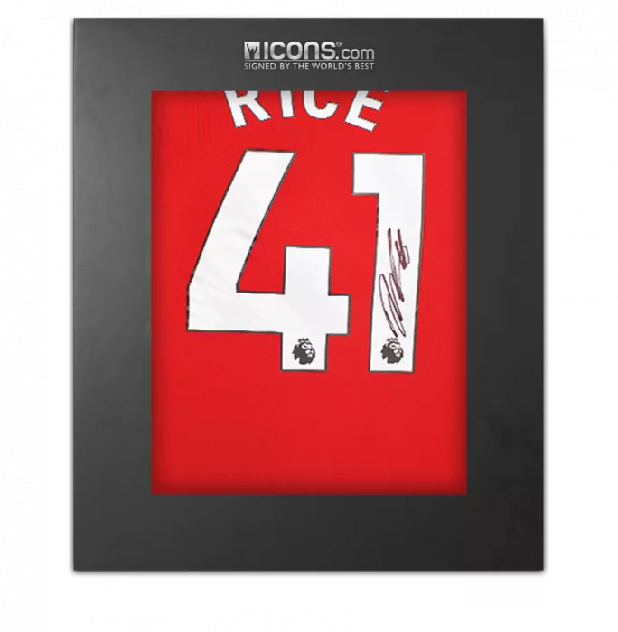 icons Declan Rice Back Signed Arsenal 2024-25 Home Shirt In Deluxe Packaging