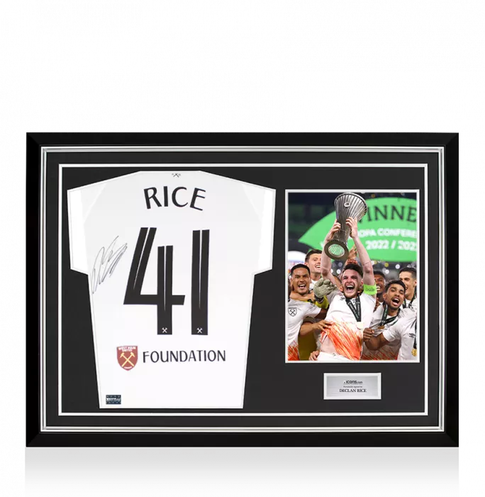 icons Declan Rice Back Signed West Ham United 2022-23 Third Shirt - Europa Conference League Final Edition In Hero Frame: Option 1