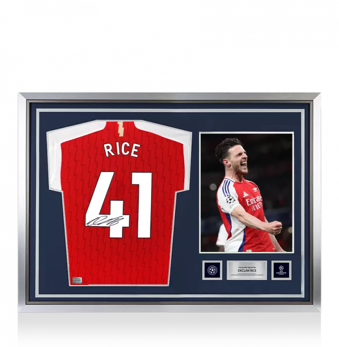 icons Declan Rice Official UEFA Champions League Back Signed and Hero Framed Arsenal 2023-24 Home Shirt with Fan Style Numbers