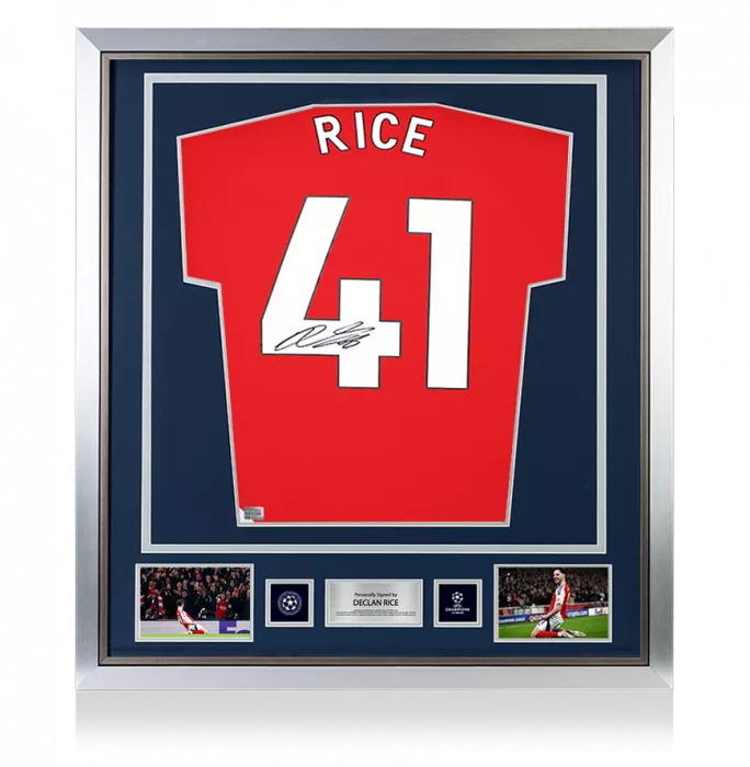Icons Declan Rice Official UEFA Champions League Back Signed And Framed Arsenal 2024-25 Home Shirt With Fan Style Numbers