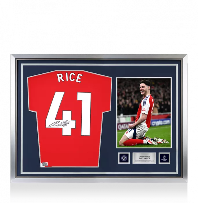 icons Declan Rice Official UEFA Champions League Back Signed and Hero Framed Arsenal 2024-25 Home Shirt with Fan Style Numbers