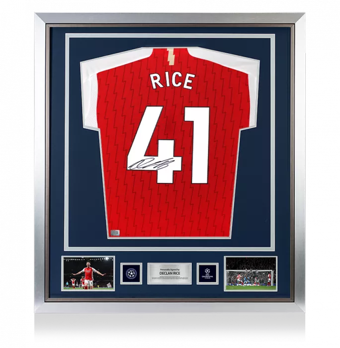 icons Declan Rice Official UEFA Champions League Back Signed and Framed Arsenal 2023-24 Home Shirt with Fan Style Numbers
