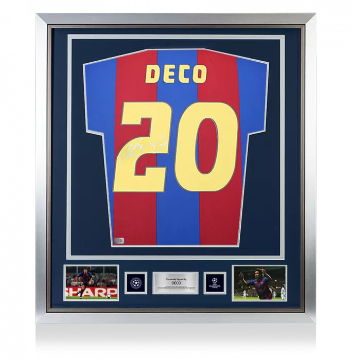 icons Deco Official UEFA Champions League Back Signed and Framed FC Barcelona Retro Home Shirt