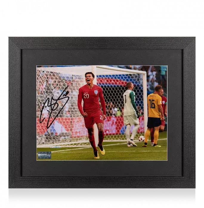 icons Dele Alli Signed England Photo In Black Wooden Frame: 2018 FIFA World Cup Quarter-Final Goal vs Sweden