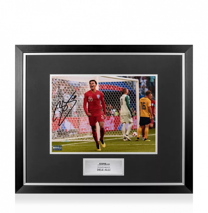 icons Dele Alli Signed England Photo In Premium Photo Frame: 2018 FIFA World Cup Quarter-Final Goal vs Sweden