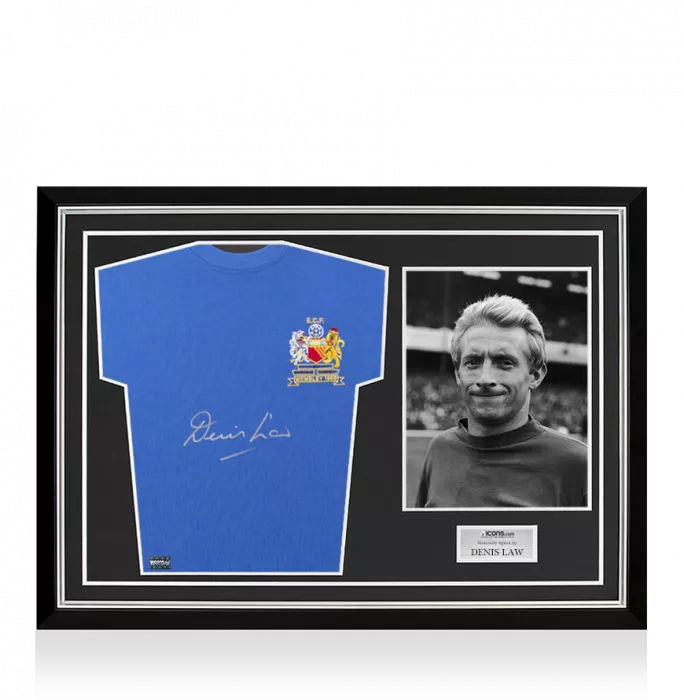 icons Denis Law Front Signed Manchester United Away Shirt: 1968 European Cup Final Edition Home Shirt In Hero Frame: Option 1