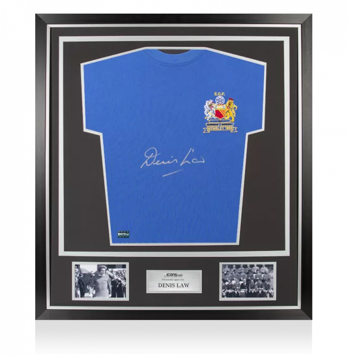 icons Denis Law Front Signed Manchester United Away Shirt: 1968 European Cup Final Edition In Classic Frame