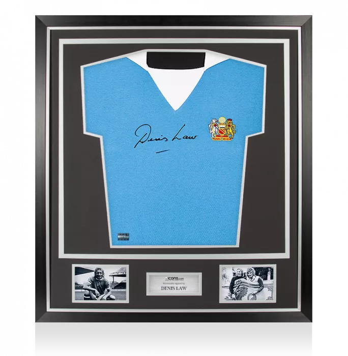 Icons Denis Law Front Signed Retro Manchester City Home Shirt In Classic Frame