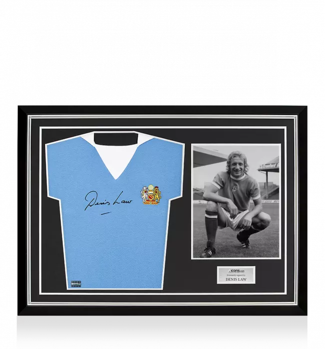 icons Denis Law Front Signed Retro Manchester City Home Shirt Home Shirt In Hero Frame: Option 1