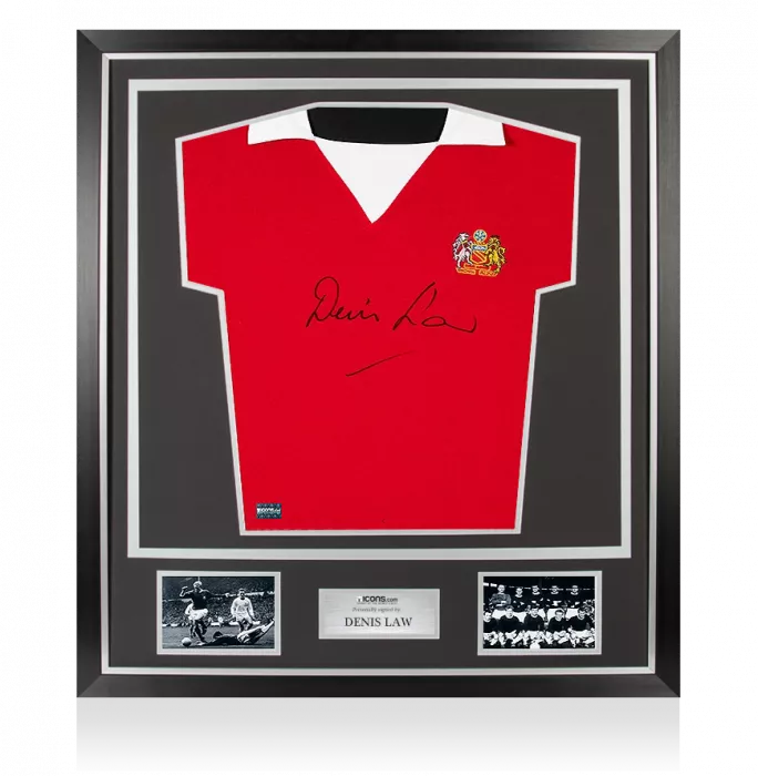 Icons Denis Law Front Signed Retro Manchester United Home Shirt In Classic Frame