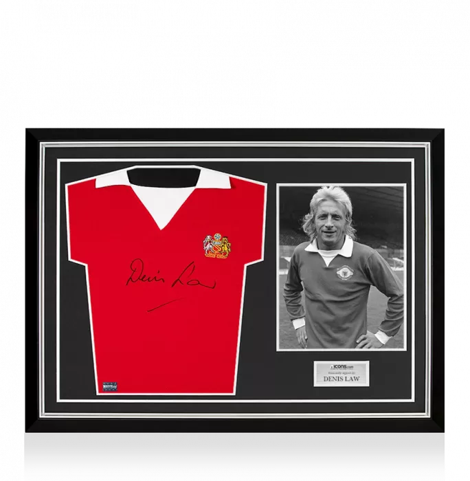Icons Denis Law Front Signed Retro Manchester United Home Shirt Home Shirt In Hero Frame: Option 1