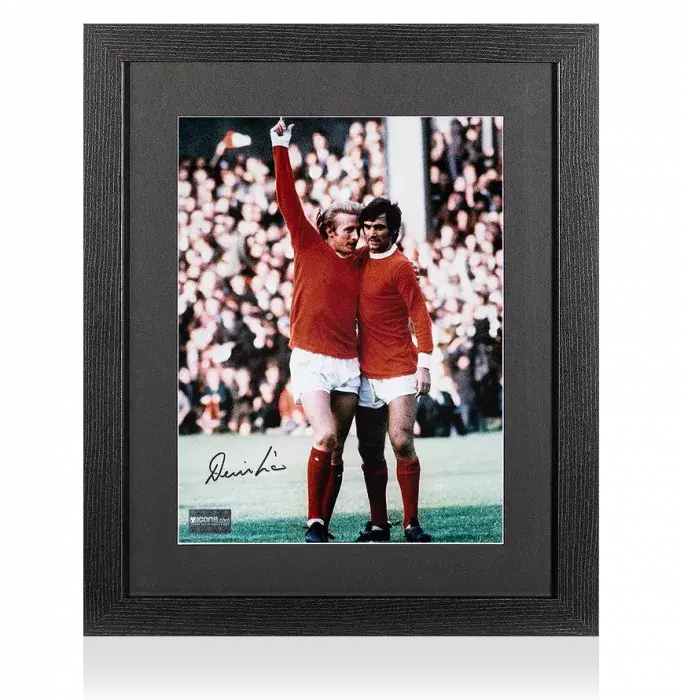 Icons Denis Law Signed Manchester United Photo In Black Wooden Frame: Celebrating With George Best