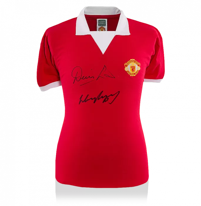 icons Denis Law & Wayne Rooney Front Signed Retro Manchester United Home Shirt