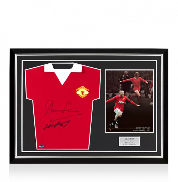 icons Denis Law & Wayne Rooney Front Signed Retro Manchester United Home Shirt Home Shirt In Hero Frame: Option 1