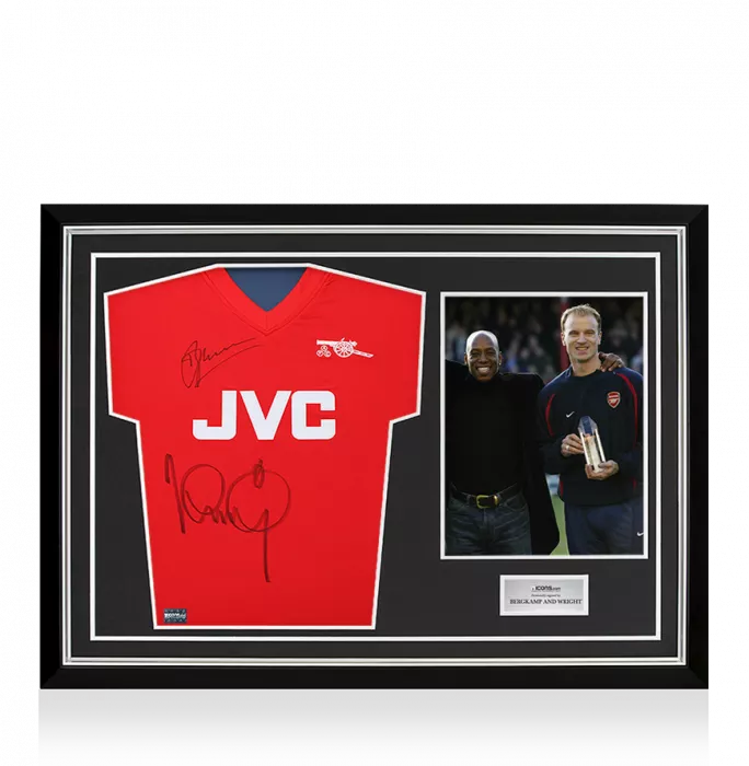 icons Dennis Bergkamp and Ian Wright Dual Signed Arsenal Retro Home Shirt In Hero Frame: Option 1