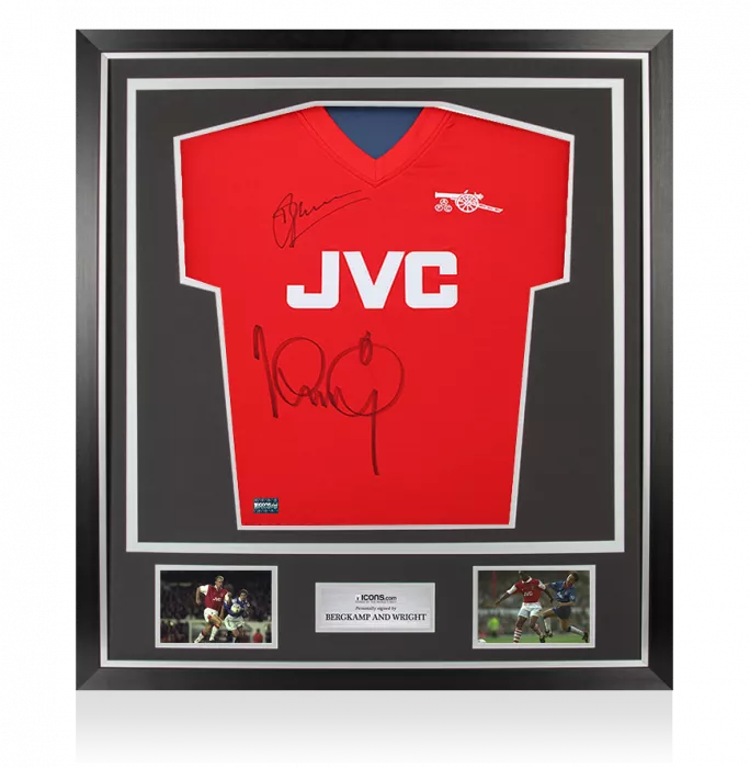 icons Dennis Bergkamp and Ian Wright Dual Signed Arsenal Retro Home Shirt In Classic Frame