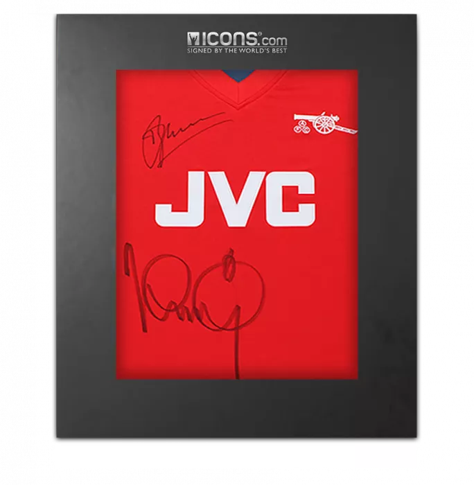 icons Dennis Bergkamp and Ian Wright Dual Signed Arsenal Retro Home Shirt In Deluxe Packaging