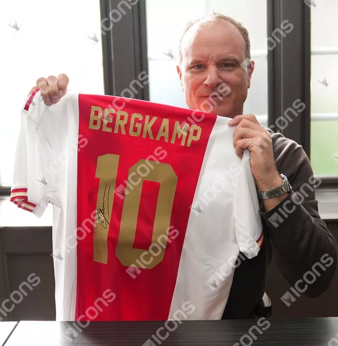 Icons Dennis Bergkamp Back Signed Ajax 2022-23 Home Shirt With Fan Style Numbers In Deluxe Packaging