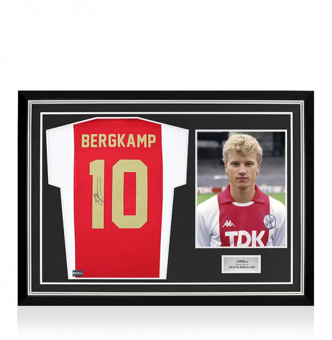 icons Dennis Bergkamp Back Signed Ajax 2022-23 Home Shirt with Fan Style Numbers In Hero Frame: Option 1