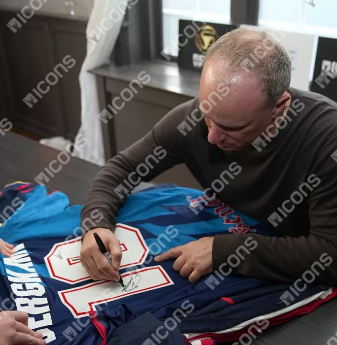 Icons Dennis Bergkamp Back Signed Arsenal 1995-96 Away Shirt In Deluxe Packaging