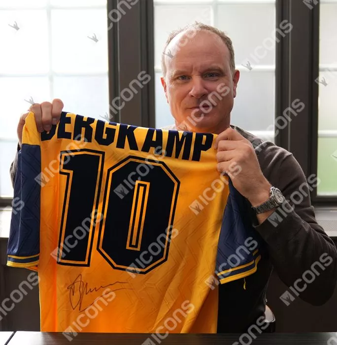 Icons Dennis Bergkamp Back Signed Arsenal 1996-97 Away Shirt In Deluxe Packaging