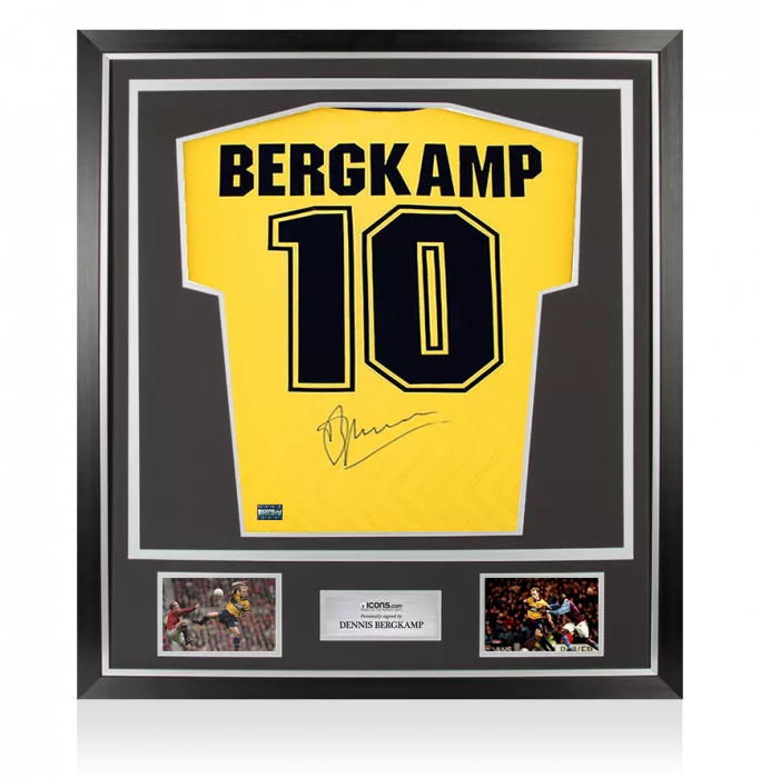 icons Dennis Bergkamp Back Signed Arsenal 1996-97 Away Shirt In Classic Frame