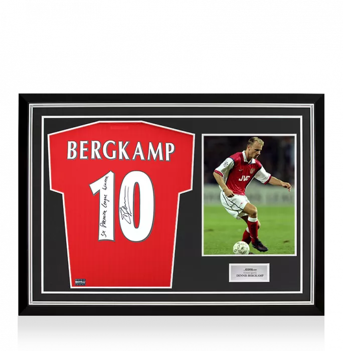 icons Dennis Bergkamp Back Signed Arsenal Icon Home Shirt - "5x Premier League Winner" Inscription In Hero Frame: Option 1