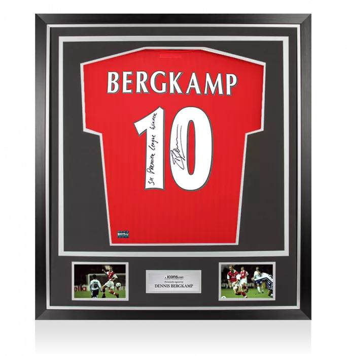 icons Dennis Bergkamp Back Signed Arsenal Icon Home Shirt - "5x Premier League Winner" Inscription In Classic Frame