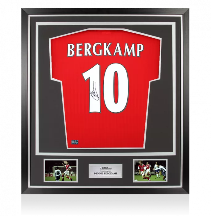 icons Dennis Bergkamp Back Signed Arsenal Icon Home Shirt with Fan Style Numbers In Classic Frame