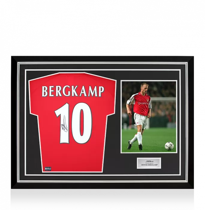 icons Dennis Bergkamp Back Signed Arsenal T-Shirt with Fan Style Numbers In Hero Frame: Option 1