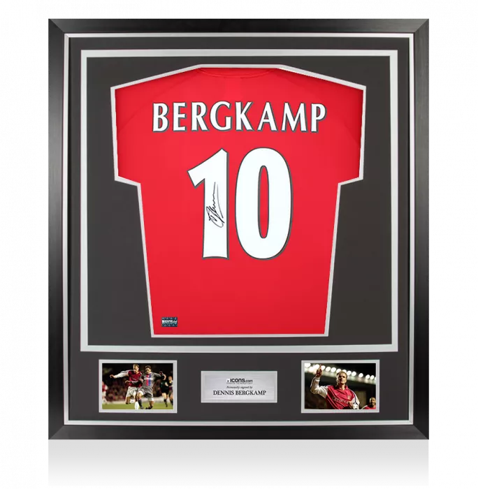 icons Dennis Bergkamp Back Signed Arsenal T-Shirt with Fan Style Numbers In Classic Frame