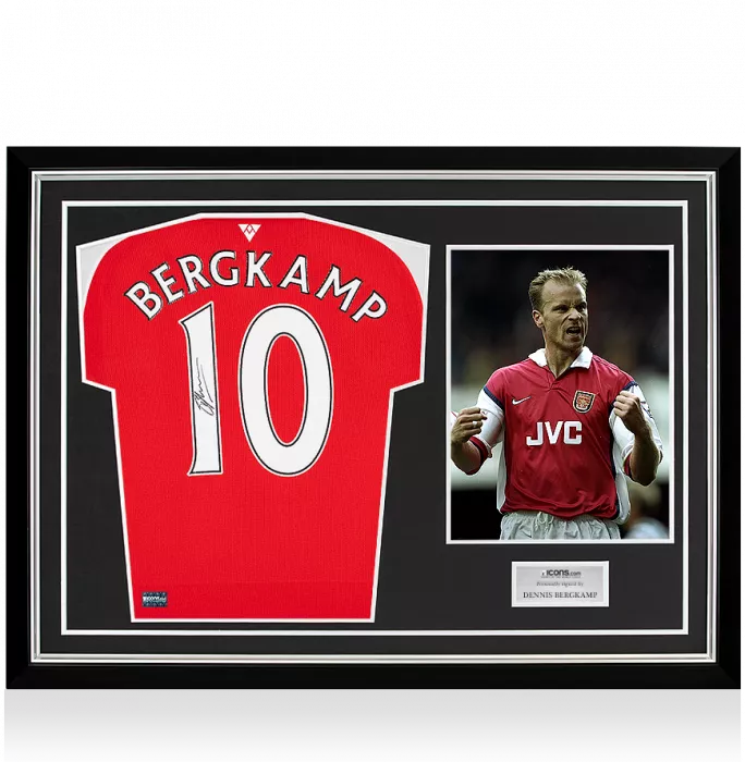 Icons Dennis Bergkamp Back Signed Modern Arsenal Home Shirt In Hero Frame – Option 1
