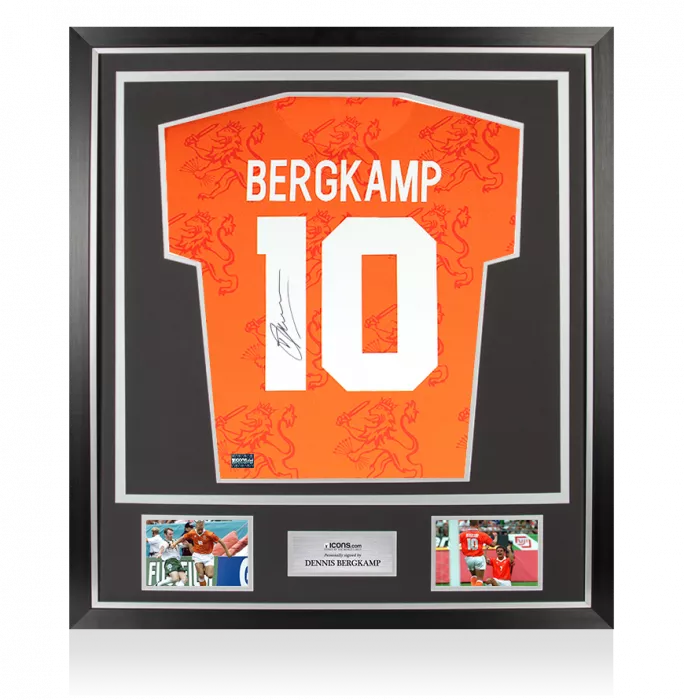 icons Dennis Bergkamp Back Signed Retro Netherlands Shirt In Classic Frame