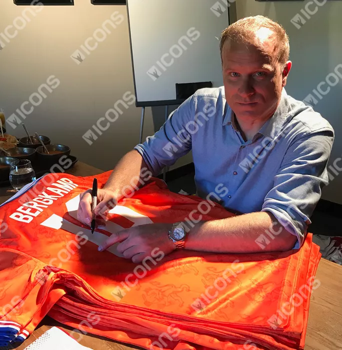 Icons Dennis Bergkamp Back Signed Retro Netherlands Shirt In Classic Frame