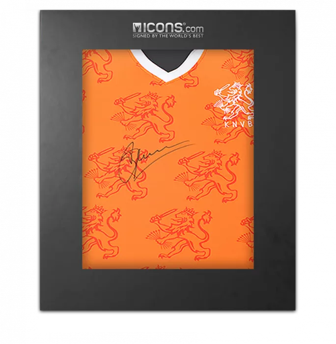 Icons Dennis Bergkamp Front Signed Retro Netherlands Home Shirt In Deluxe Packaging