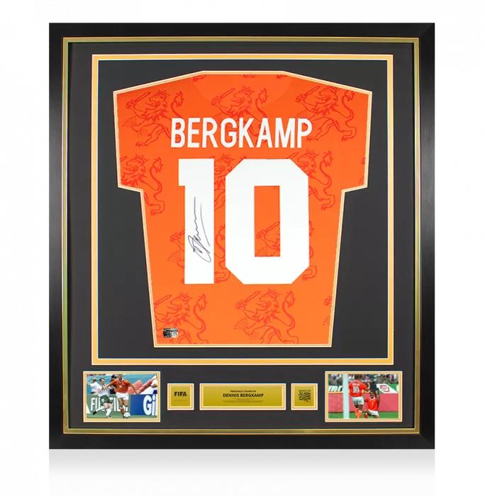 icons Dennis Bergkamp Official 1994 FIFA World Cup™ Back Signed and Framed Retro Netherlands Shirt