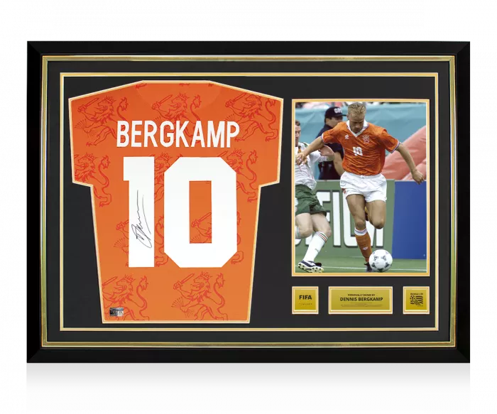 icons Dennis Bergkamp Official 1994 FIFA World Cup™ Back Signed and Hero Framed Retro Netherlands Shirt